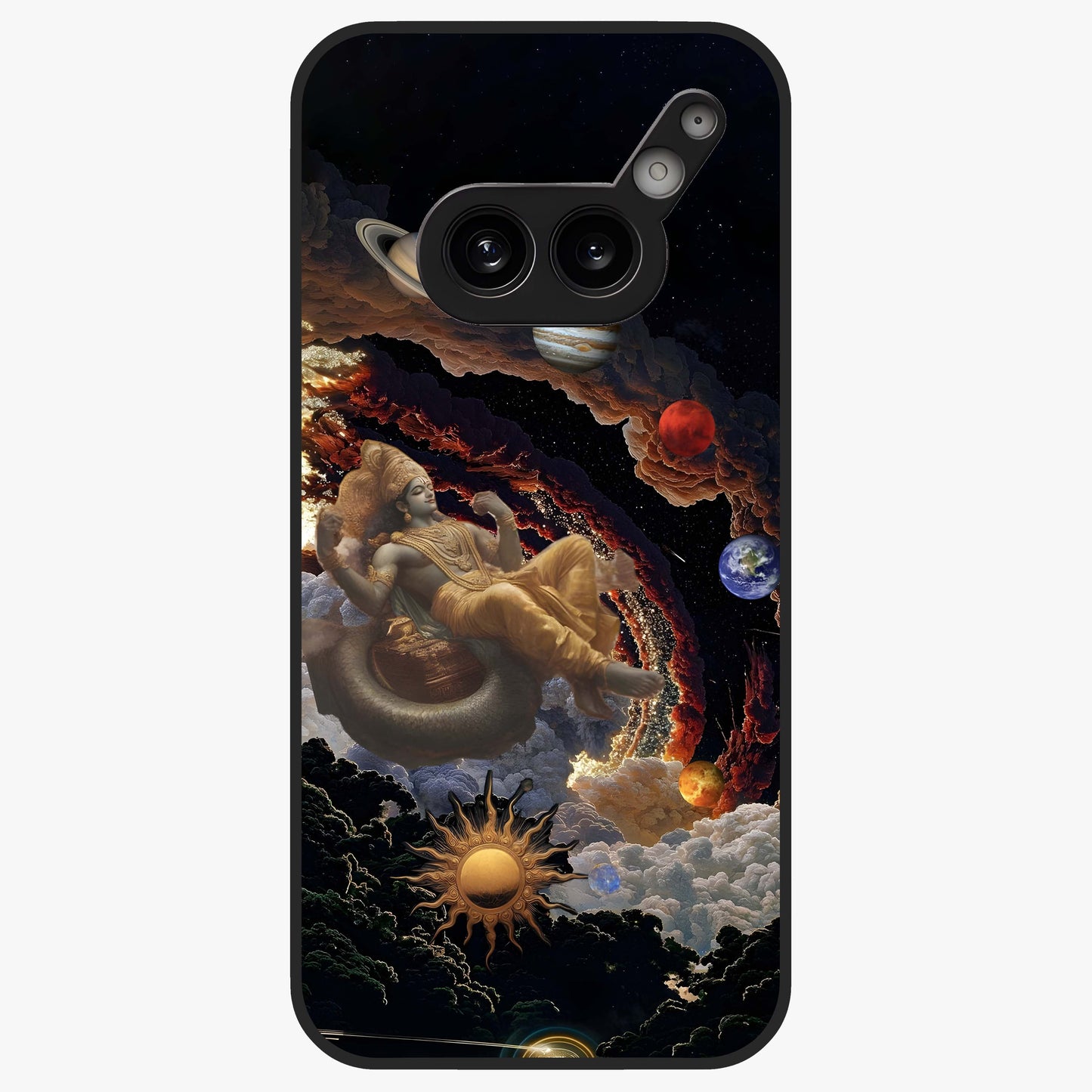 Galactic Divine God Glass Case showing flat back view with divine cosmic themed artwork and glossy glass finish.