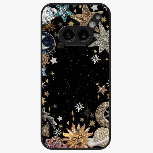 Galactic Jewel Stars Glass Case showing flat back view with sparkling star jewel artwork and glossy glass finish.