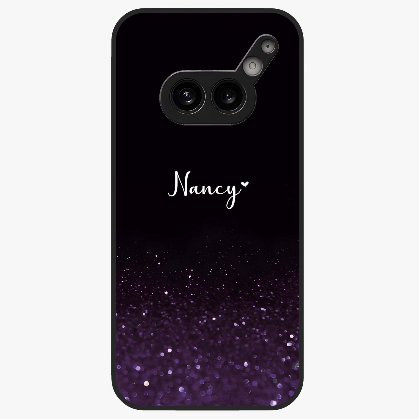 Glittery Purple Bokeh Custom Name Glass Case showing flat back view with purple bokeh sparkle artwork and personalized name design.