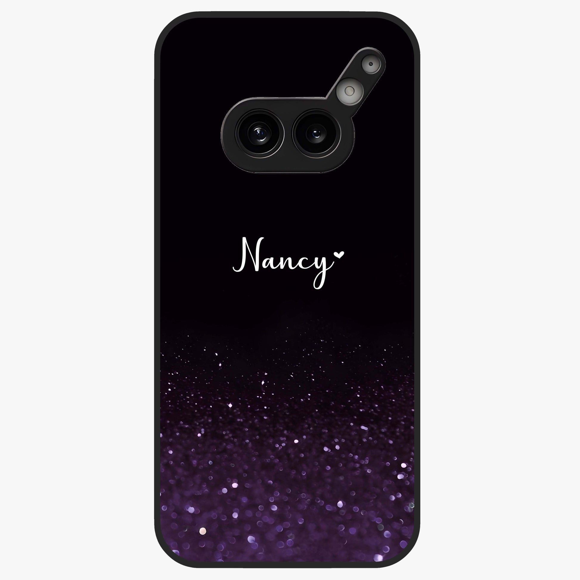 Glittery Purple Bokeh Custom Name Glass Case showing flat back view with purple bokeh sparkle artwork and personalized name design.