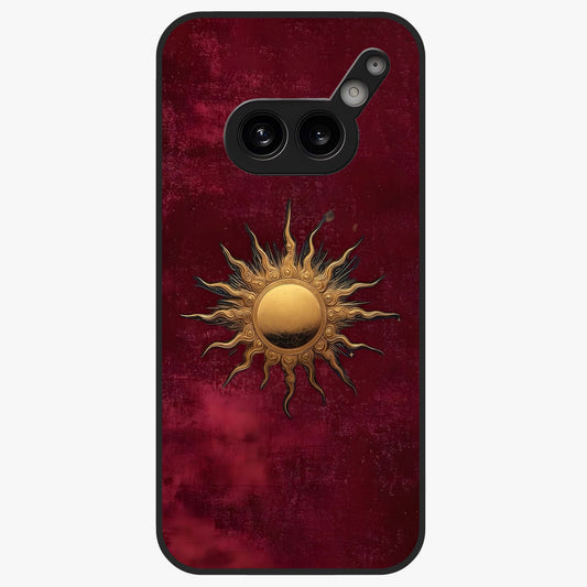 Gold Sun Blush Glass Case showing flat back view with golden sun inspired artwork and glossy glass finish.