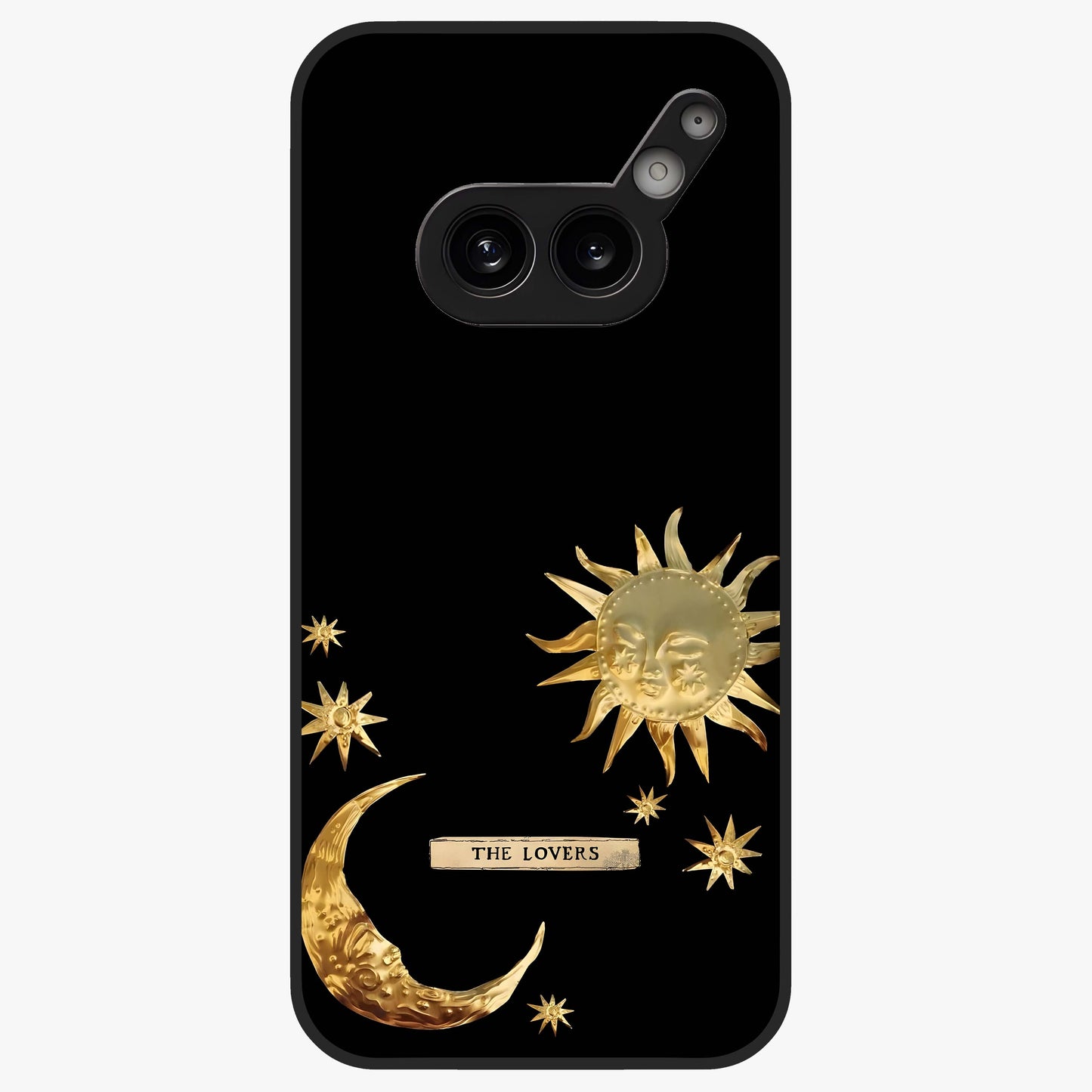 Golden Celestial Charm Glass Case showing flat back view with golden celestial charm artwork and glossy glass finish.