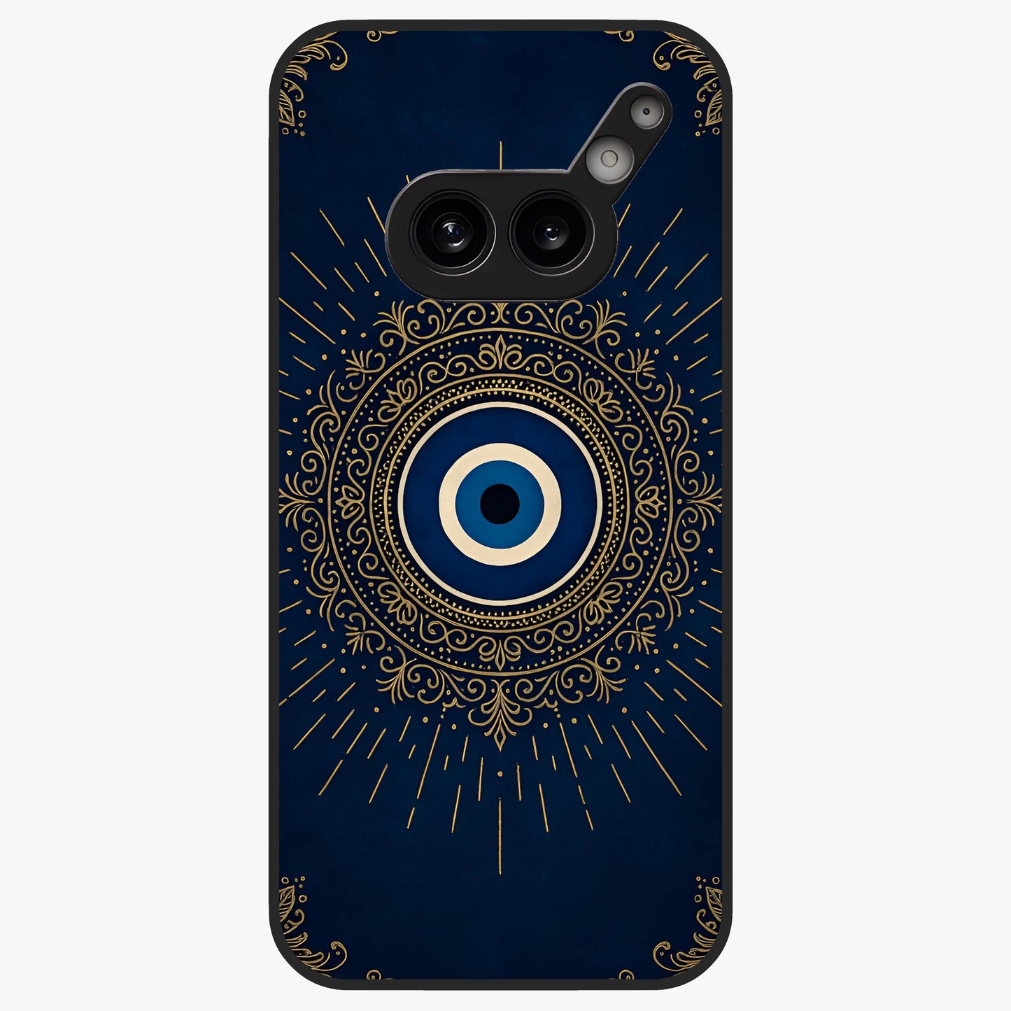 Golden Evil Eye Mandala Glass Case showing flat back view with intricate evil eye mandala artwork and glossy glass finish.