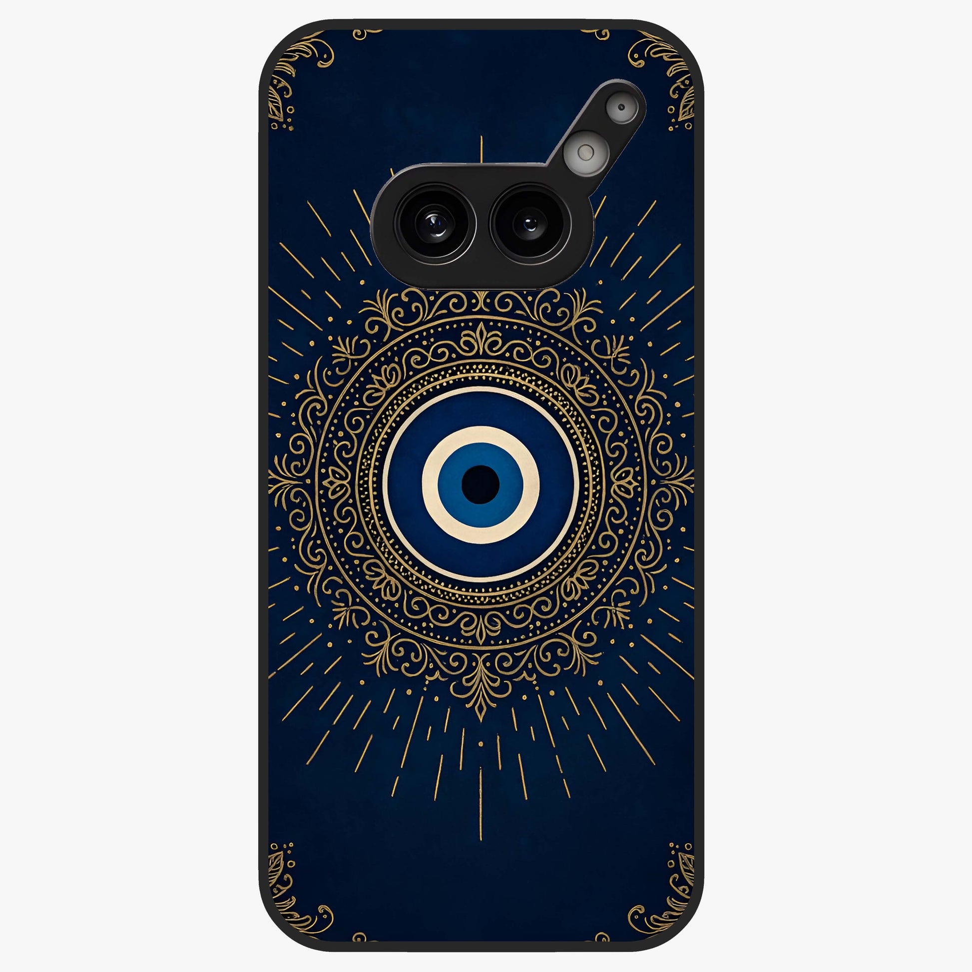 Golden Evil Eye Mandala Glass Case showing flat back view with intricate evil eye mandala artwork and glossy glass finish.