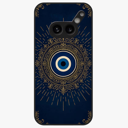 Golden Evil Eye Mandala Glass Case showing flat back view with intricate evil eye mandala artwork and glossy glass finish.