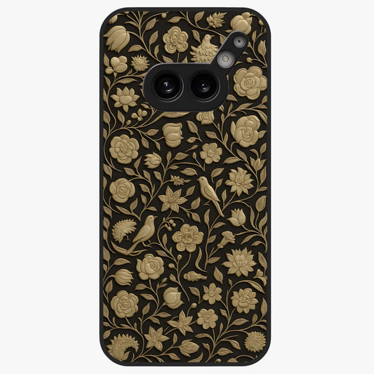Golden Floral Majesty Glass Case showing flat back view with luxurious golden floral artwork and glossy glass finish.