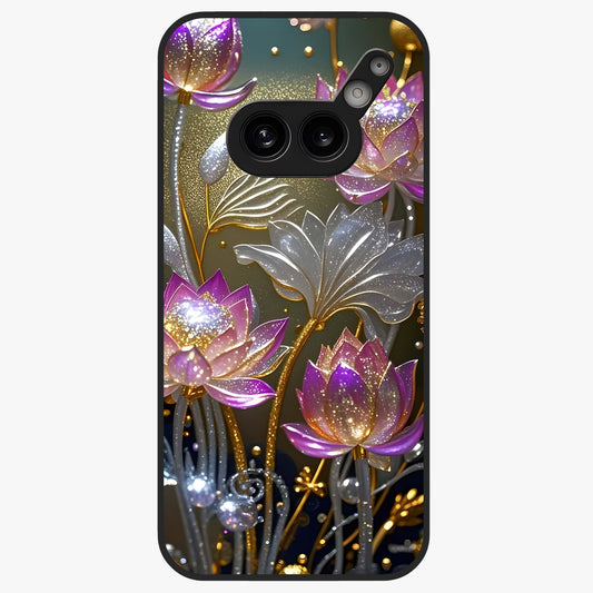 Golden Lotus Glow Glass Case showing flat back view with glowing lotus flower artwork and glossy glass finish.