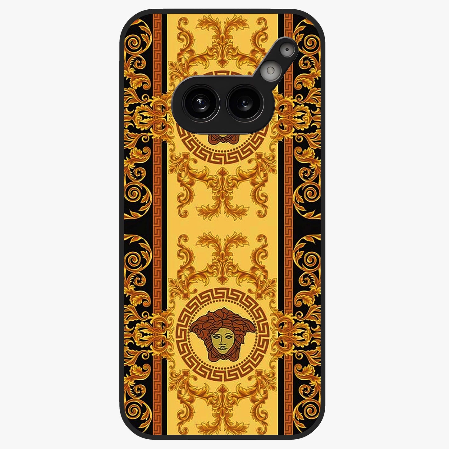Golden Royal Heritage Glass Case showing flat back view with ornate royal pattern artwork and glossy glass finish.