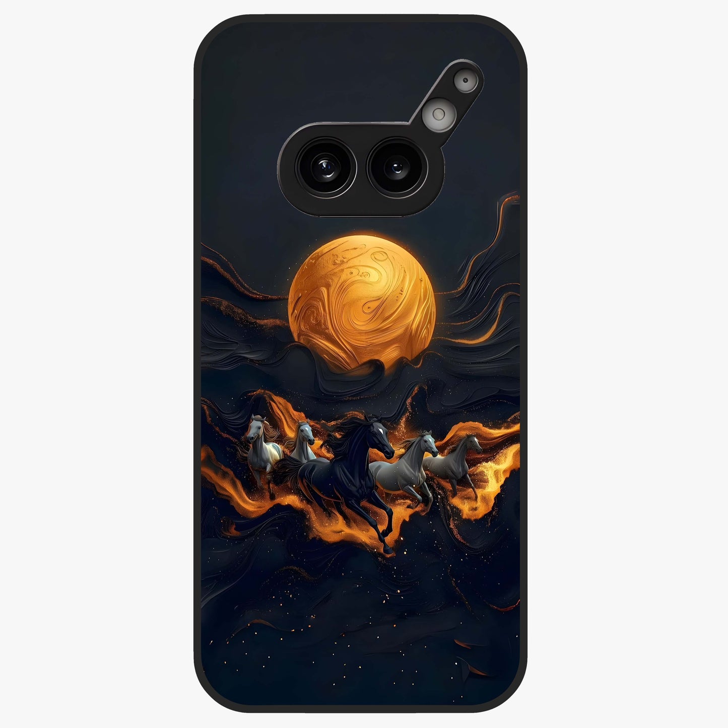 Golden Stallion Moonride Glass Case showing flat back view with majestic horse under moonlight artwork and glossy glass finish.