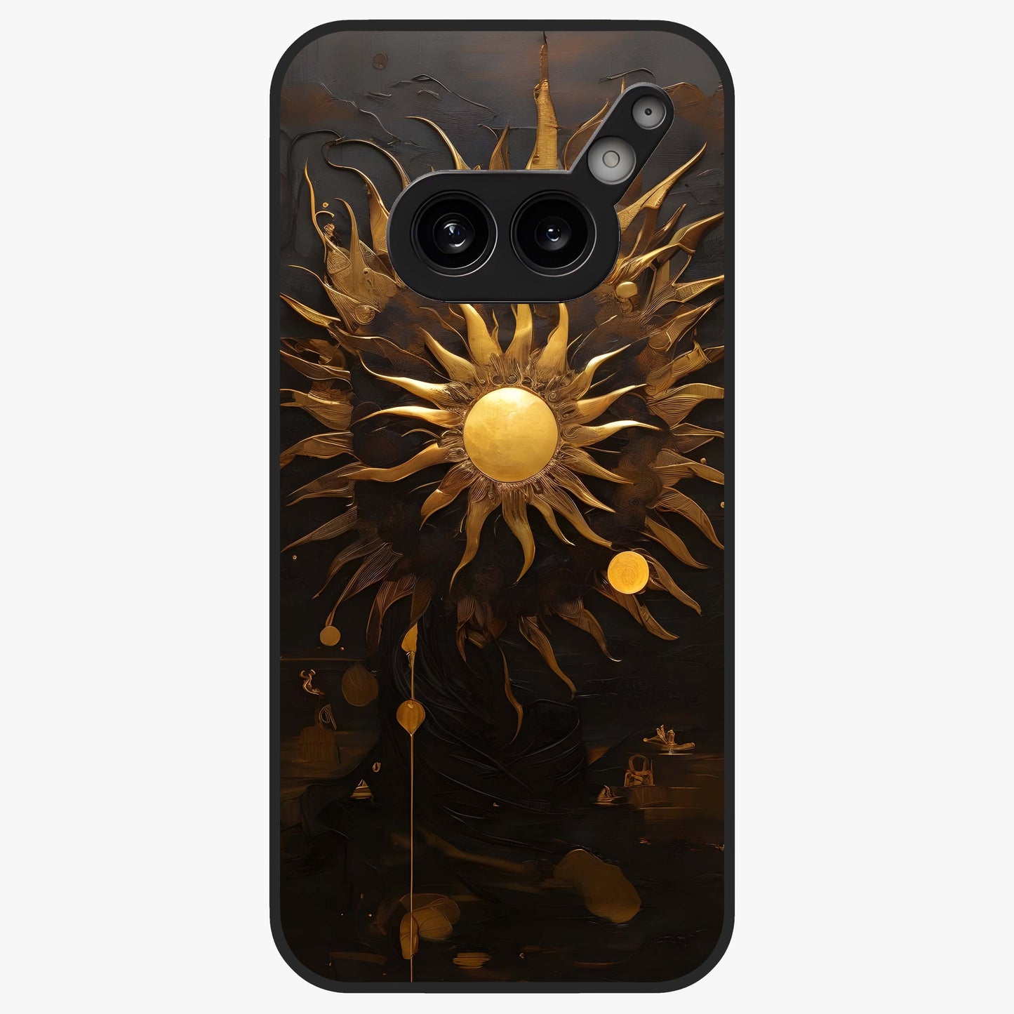 Golden Sun Majesty Glass Case showing flat back view with radiant golden sun artwork and glossy glass finish.