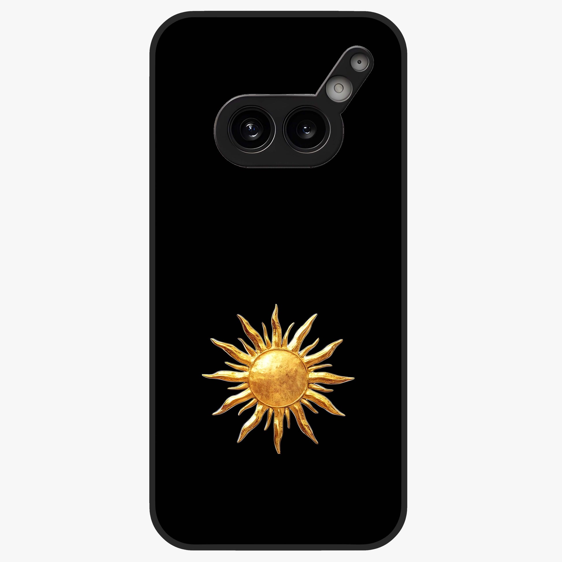 Golden Sun Minimalism Glass Case showing flat back view with minimal golden sun artwork and glossy glass finish.