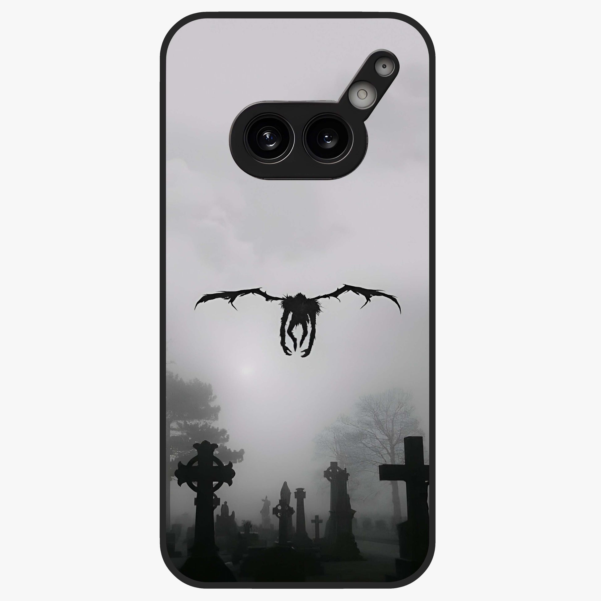 Graveyard Shadow Descent Glass Case showing flat back view with dark graveyard themed artwork and glossy glass finish.