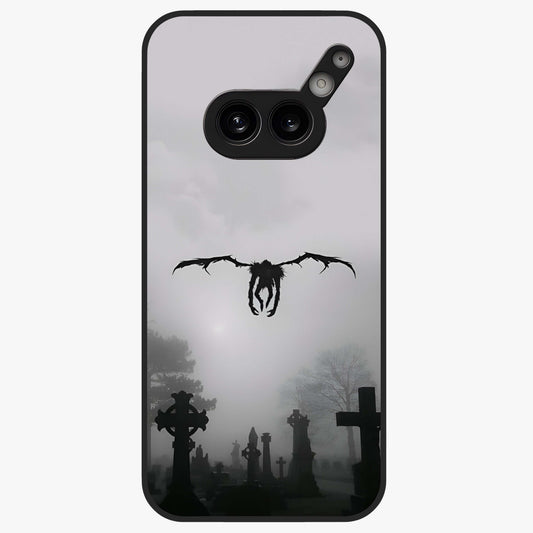 Graveyard Shadow Descent Glass Case showing flat back view with dark graveyard themed artwork and glossy glass finish.