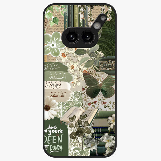 Green Islamic Books Quotes Glass Case showing flat back view with Islamic quotes and book themed artwork and glossy glass finish.