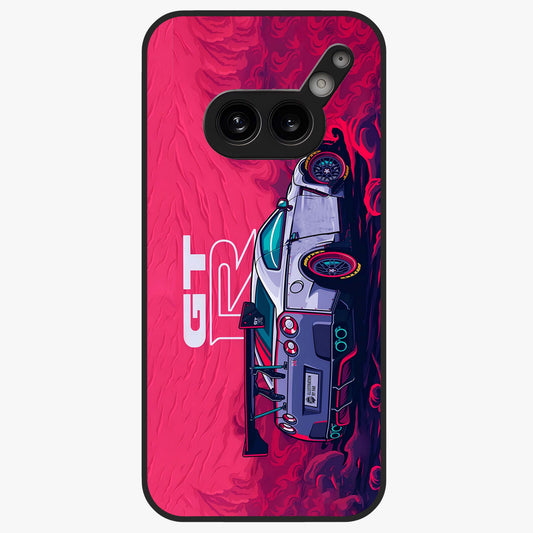 GT-R Car Pattern Glass Case showing flat back view with sporty car inspired pattern artwork and glossy glass finish.