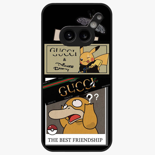 Gucci Play Mashup Glass Case showing flat back view with luxury inspired graphic artwork and glossy glass finish.
