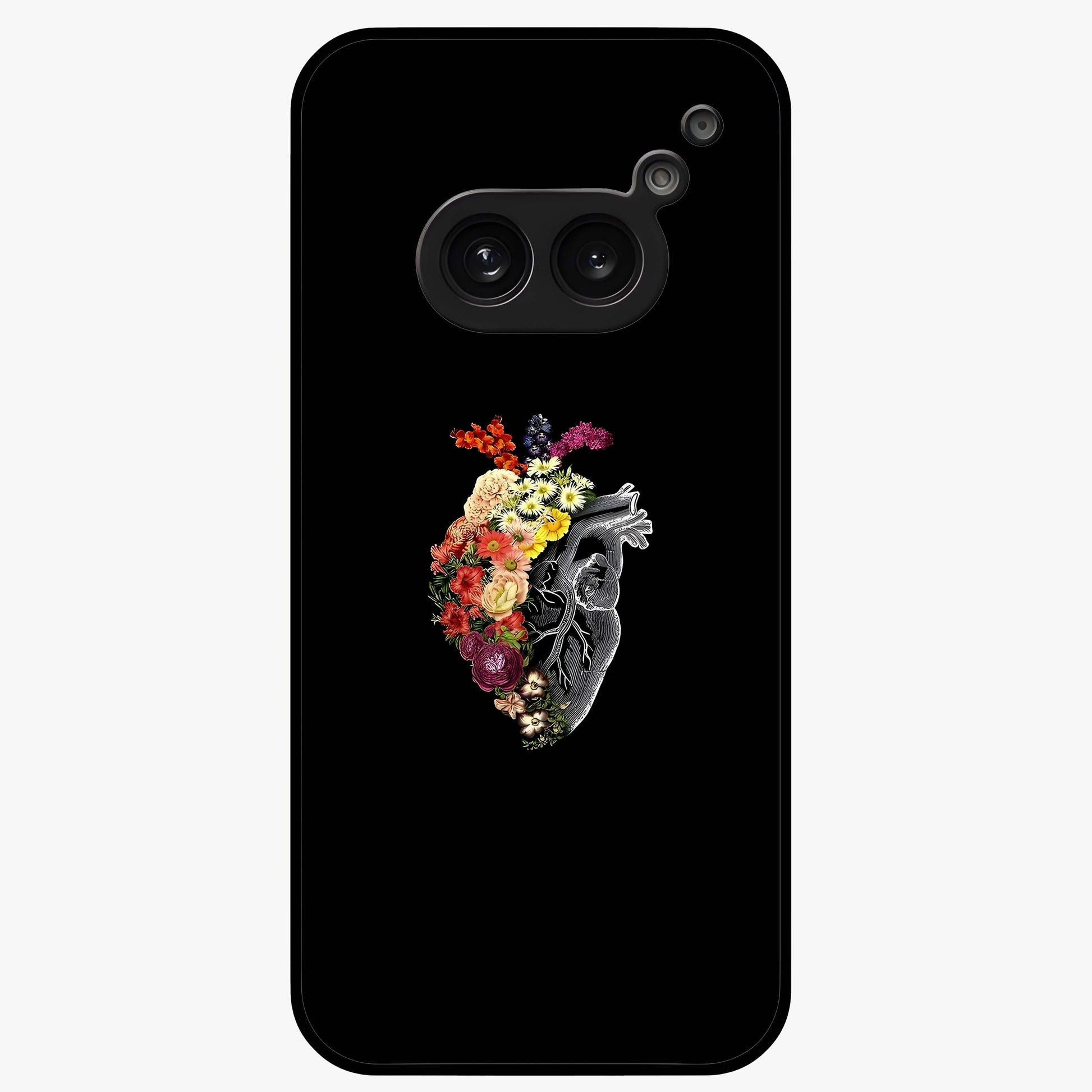 Heart With Flowers Glass Case showing flat back view with heart shaped floral artwork and glossy glass finish.
