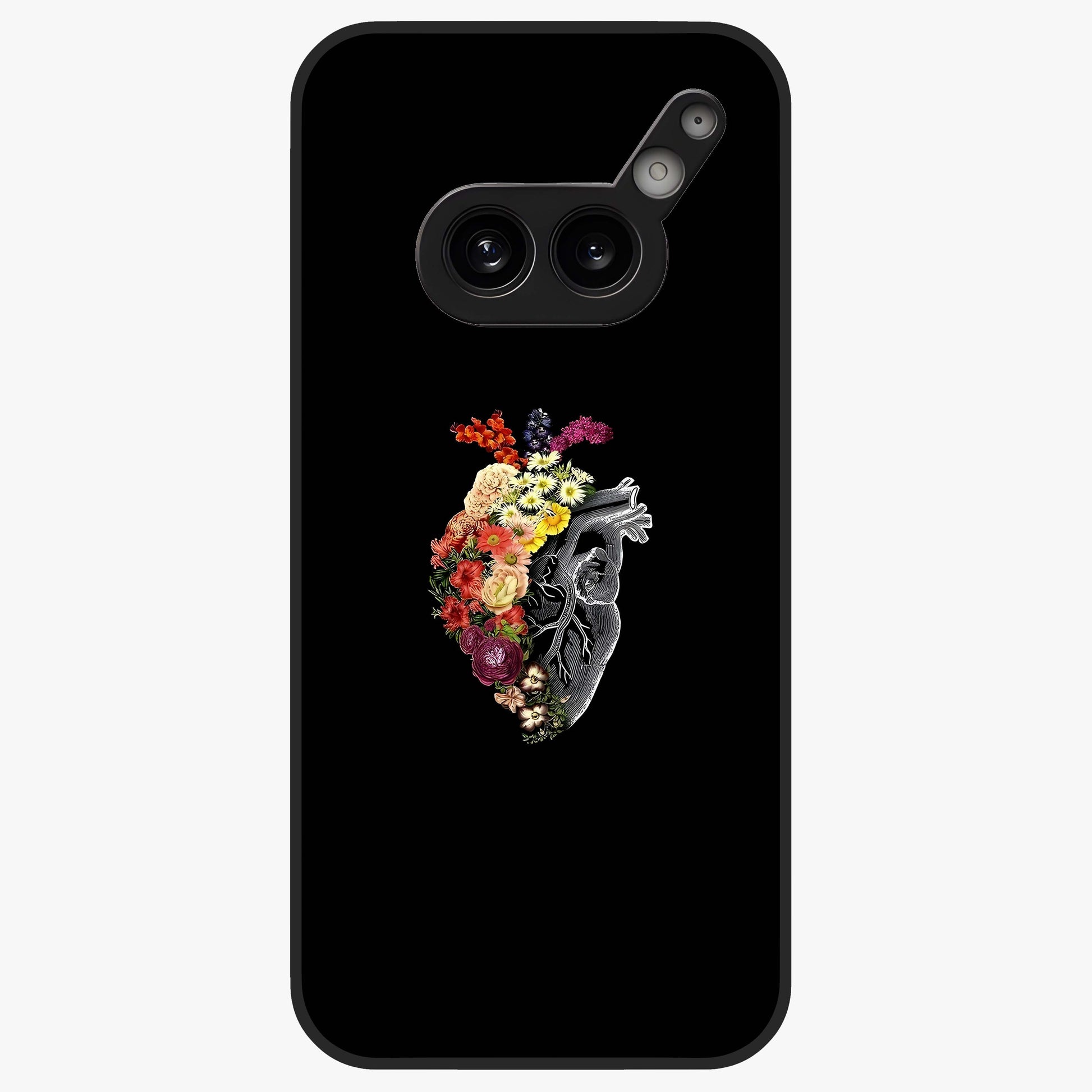 Heart With Flowers Glass Case showing flat back view with heart shaped floral artwork and glossy glass finish.