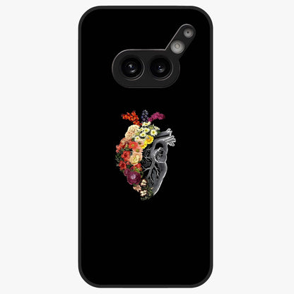 Heart With Flowers Glass Case showing flat back view with heart shaped floral artwork and glossy glass finish.