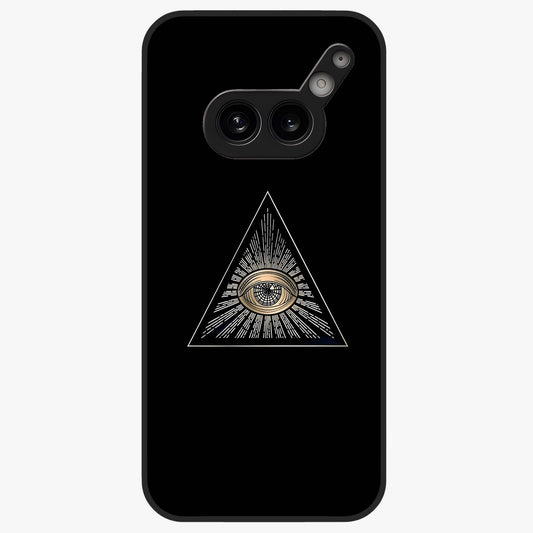 Illuminati Evil Glass Case showing flat back view with mysterious illuminati symbol artwork and glossy glass finish.