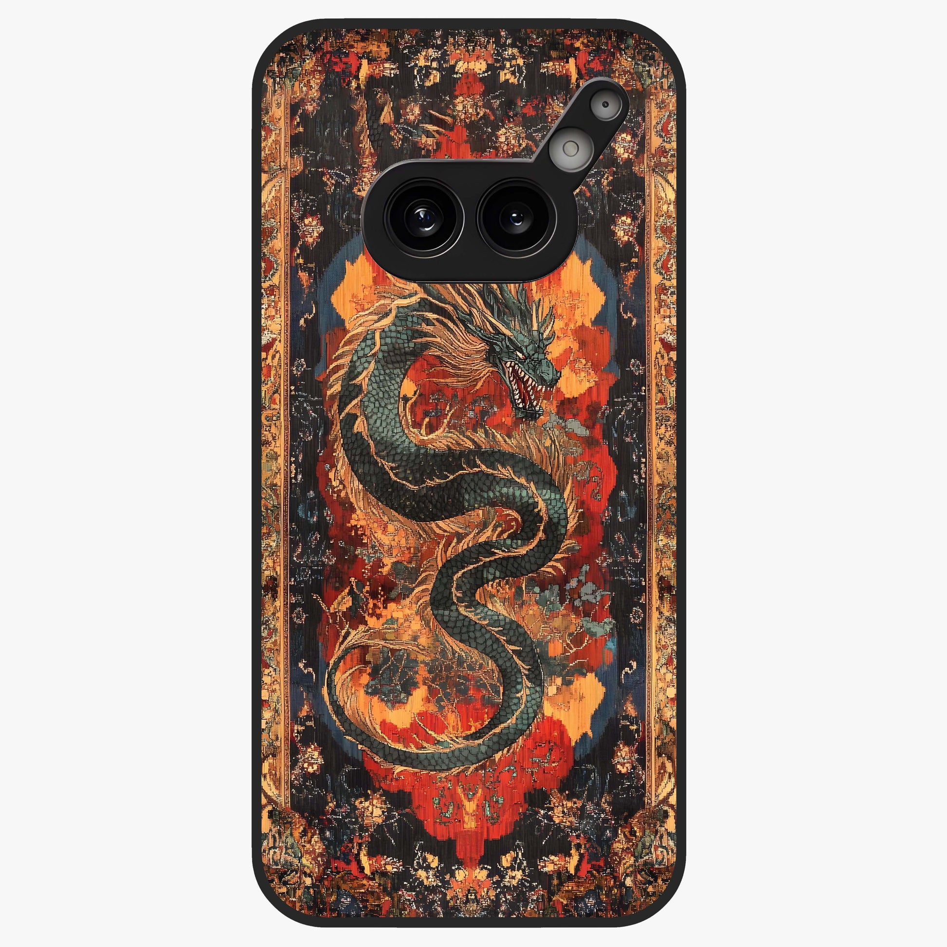 Inferno Dragon Soul Glass Case showing flat back view with fiery dragon artwork and glossy glass finish.