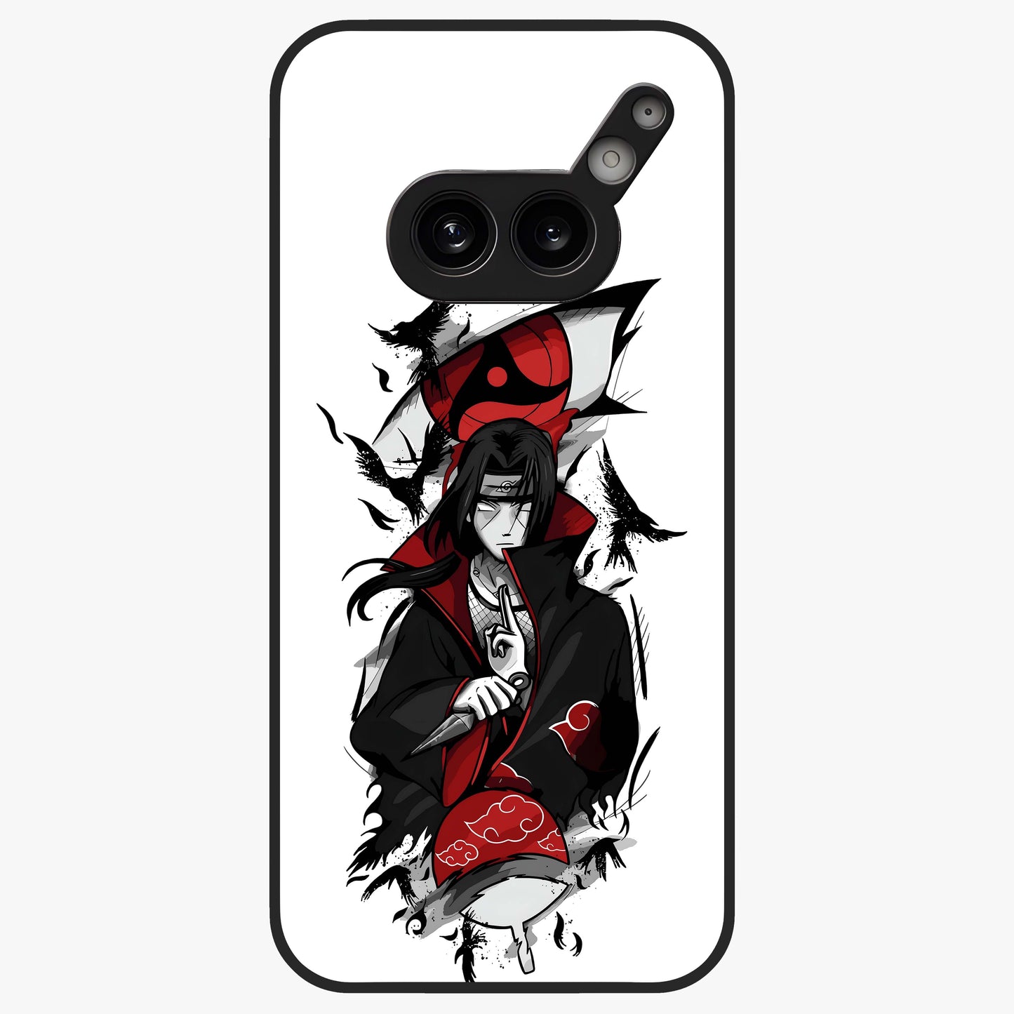 Itachi Sharingan Glass Case showing flat back view with powerful anime eye artwork and glossy glass finish.