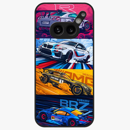 JDM Sports Car Glass Case showing flat back view with high performance sports car artwork and glossy glass finish.