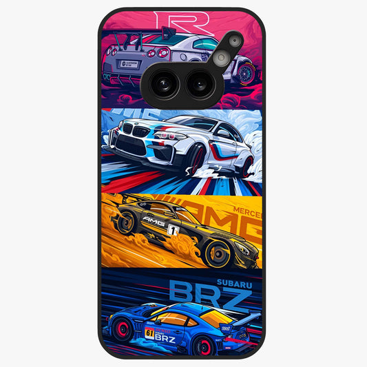 JDM Sports Car Glass Case showing flat back view with high performance sports car artwork and glossy glass finish.