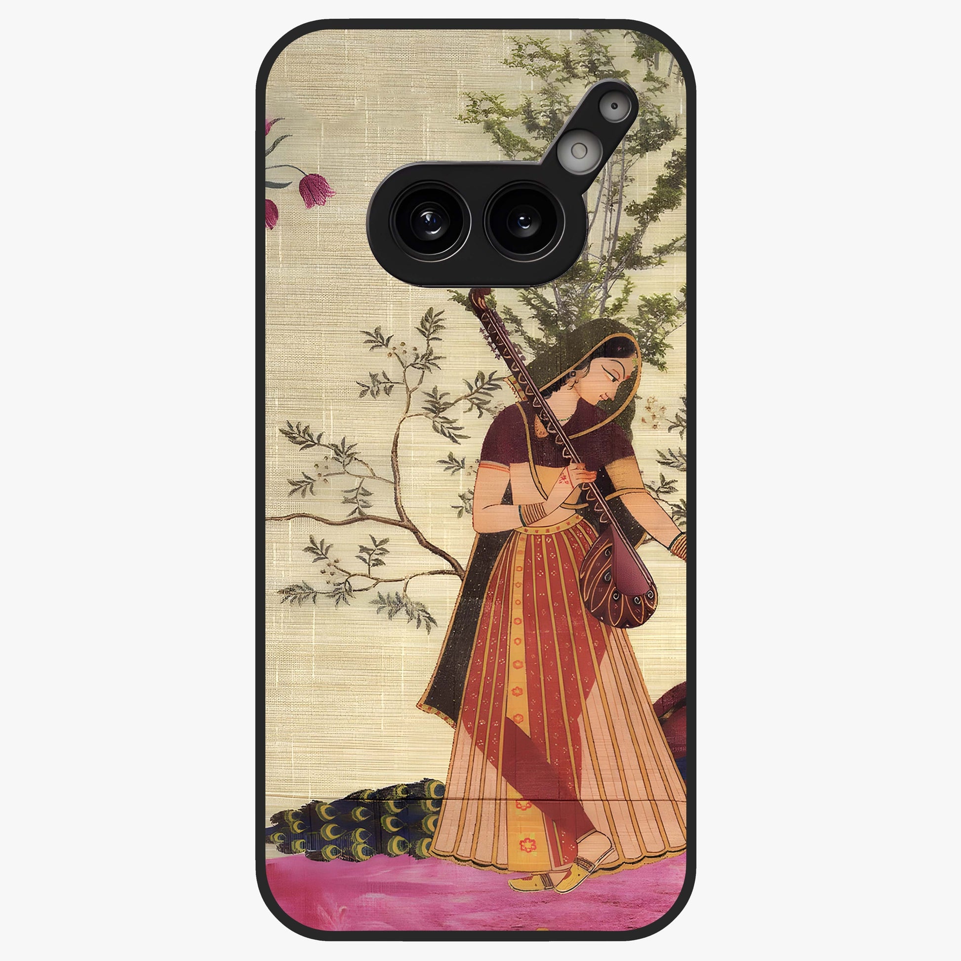 Lady With Veena Art Glass Case showing flat back view with elegant woman playing veena artwork and glossy glass finish.