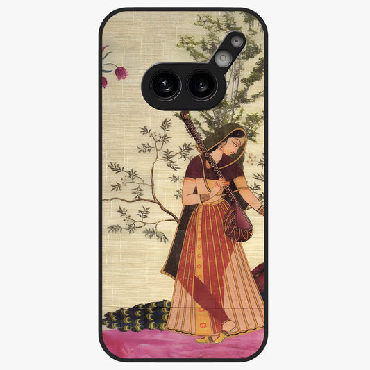 Lady With Veena Art Glass Case showing flat back view with elegant woman playing veena artwork and glossy glass finish.