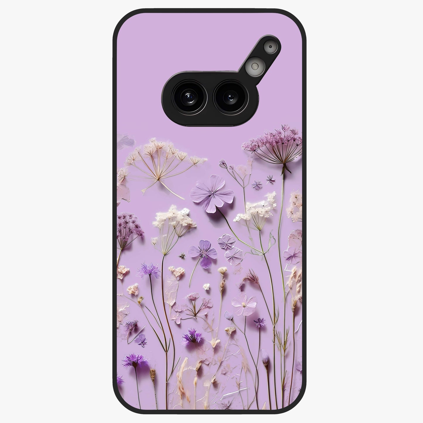 Lavender Blossom Dream Glass Case showing flat back view with soft lavender floral artwork and glossy glass finish.