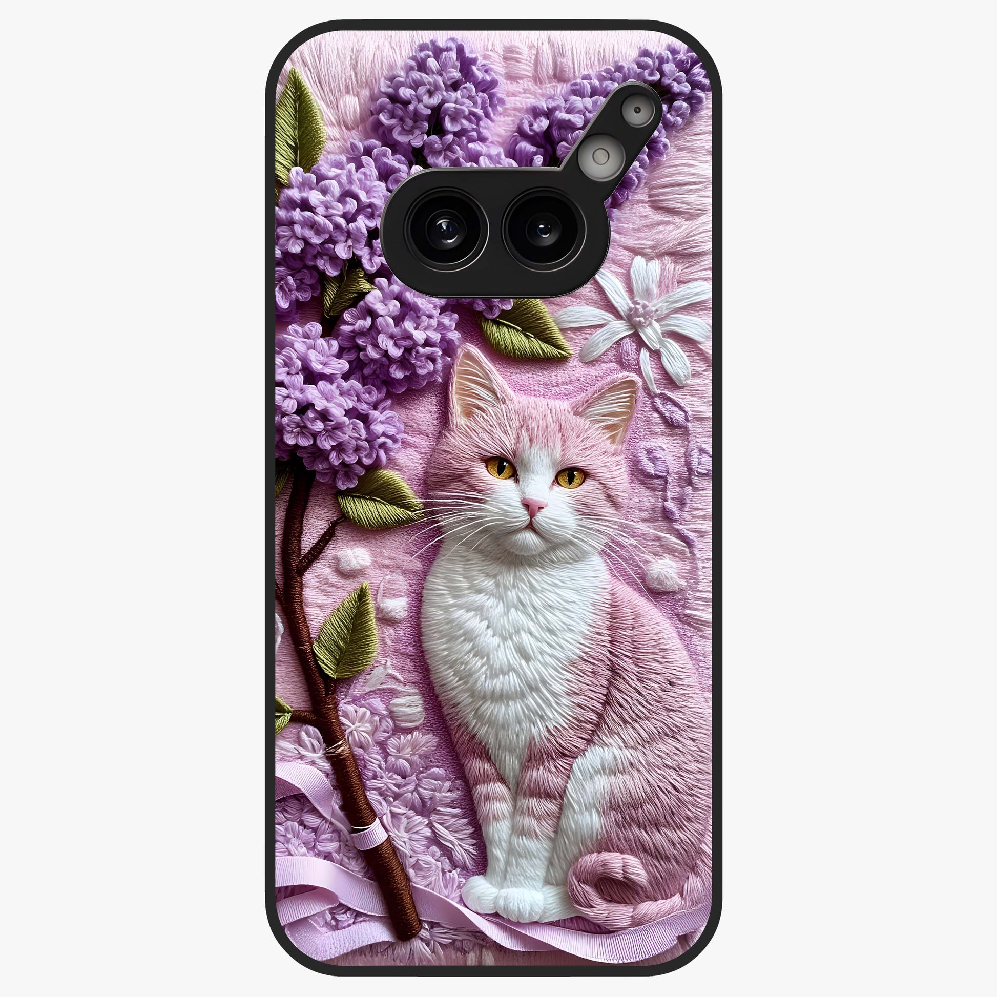 Lavender Cat Whimsy Glass Case showing flat back view with cute lavender cat artwork and glossy glass finish.