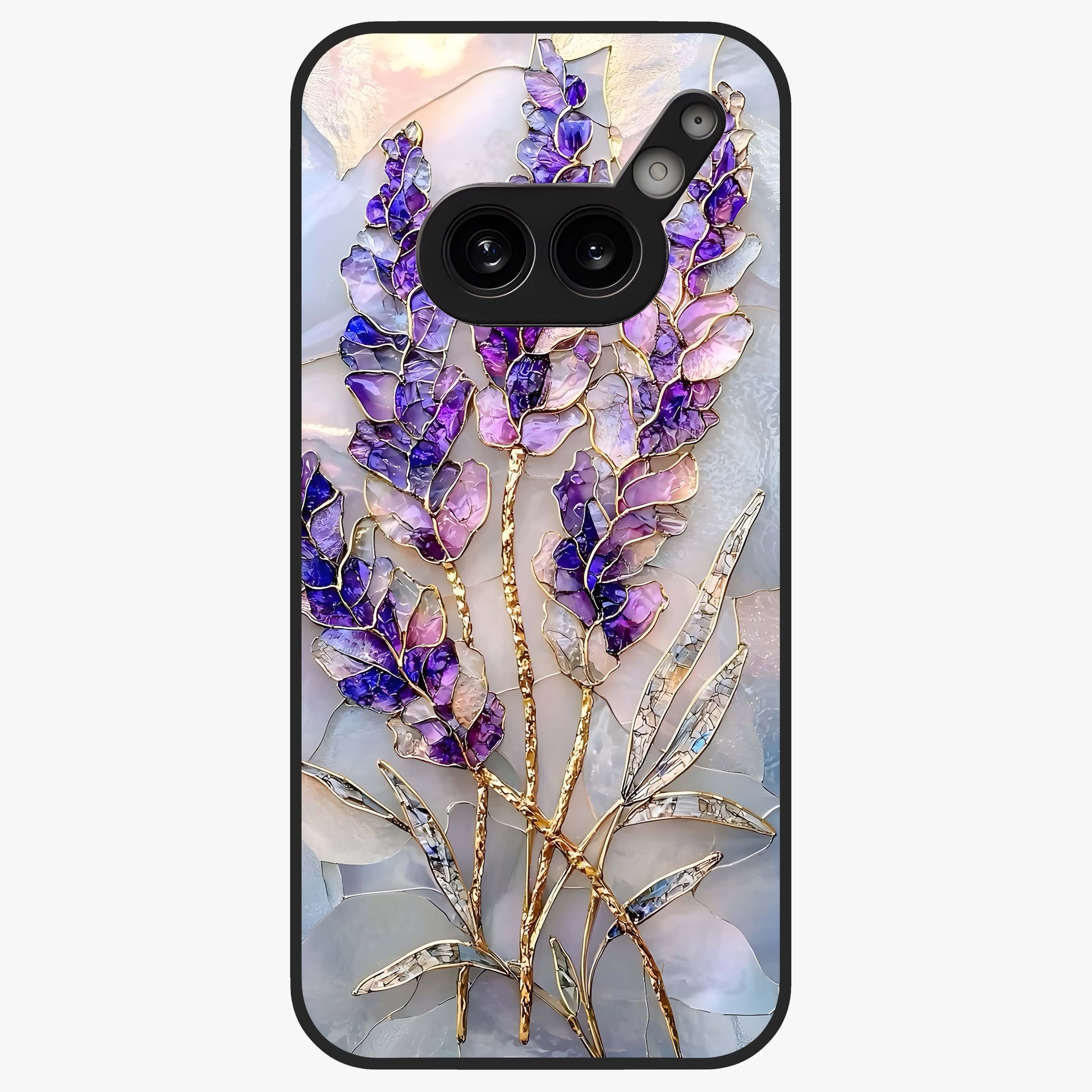 Lavender Dream Glow Glass Case showing flat back view with glowing lavender aesthetic artwork and glossy glass finish.