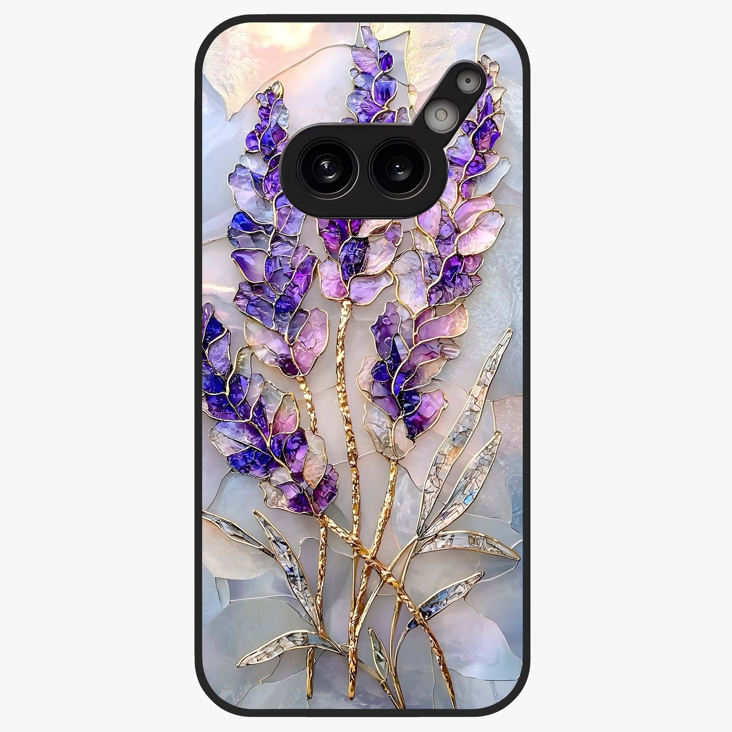 Lavender Dream Glow Glass Case showing flat back view with glowing lavender aesthetic artwork and glossy glass finish.