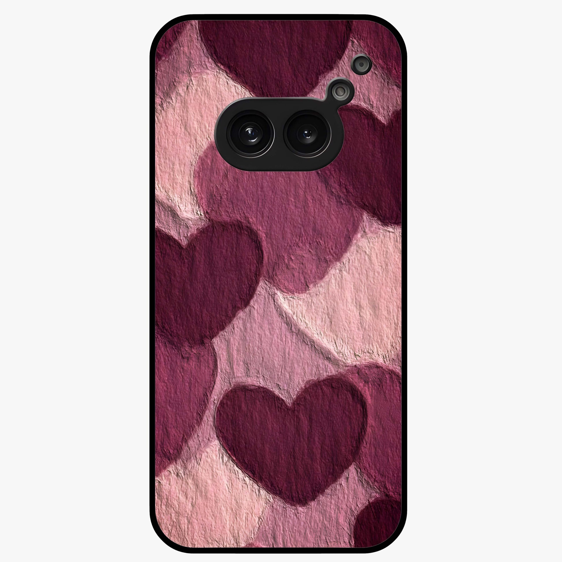 Layered Paper Hearts Glass Case showing flat back view with layered paper heart artwork and glossy glass finish.