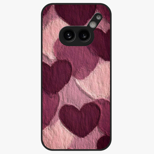 Layered Paper Hearts Glass Case showing flat back view with layered paper heart artwork and glossy glass finish.
