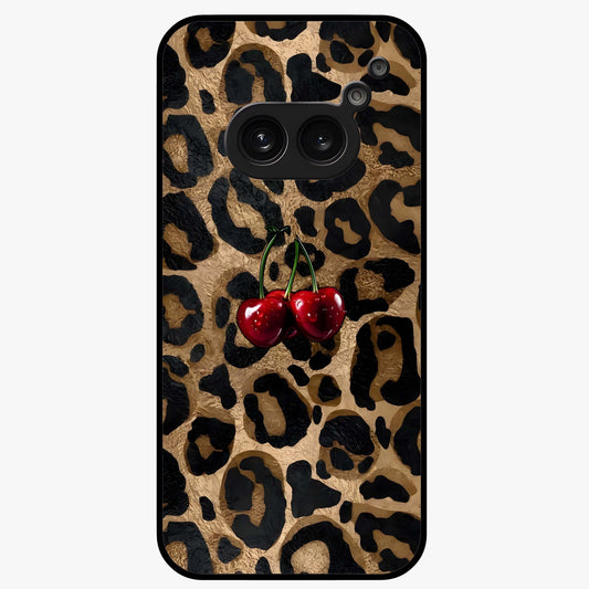Leopard Wild Cherry Glass Case showing flat back view with leopard pattern and cherry artwork and glossy glass finish.