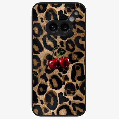 Leopard Wild Cherry Glass Case showing flat back view with leopard pattern and cherry artwork and glossy glass finish.