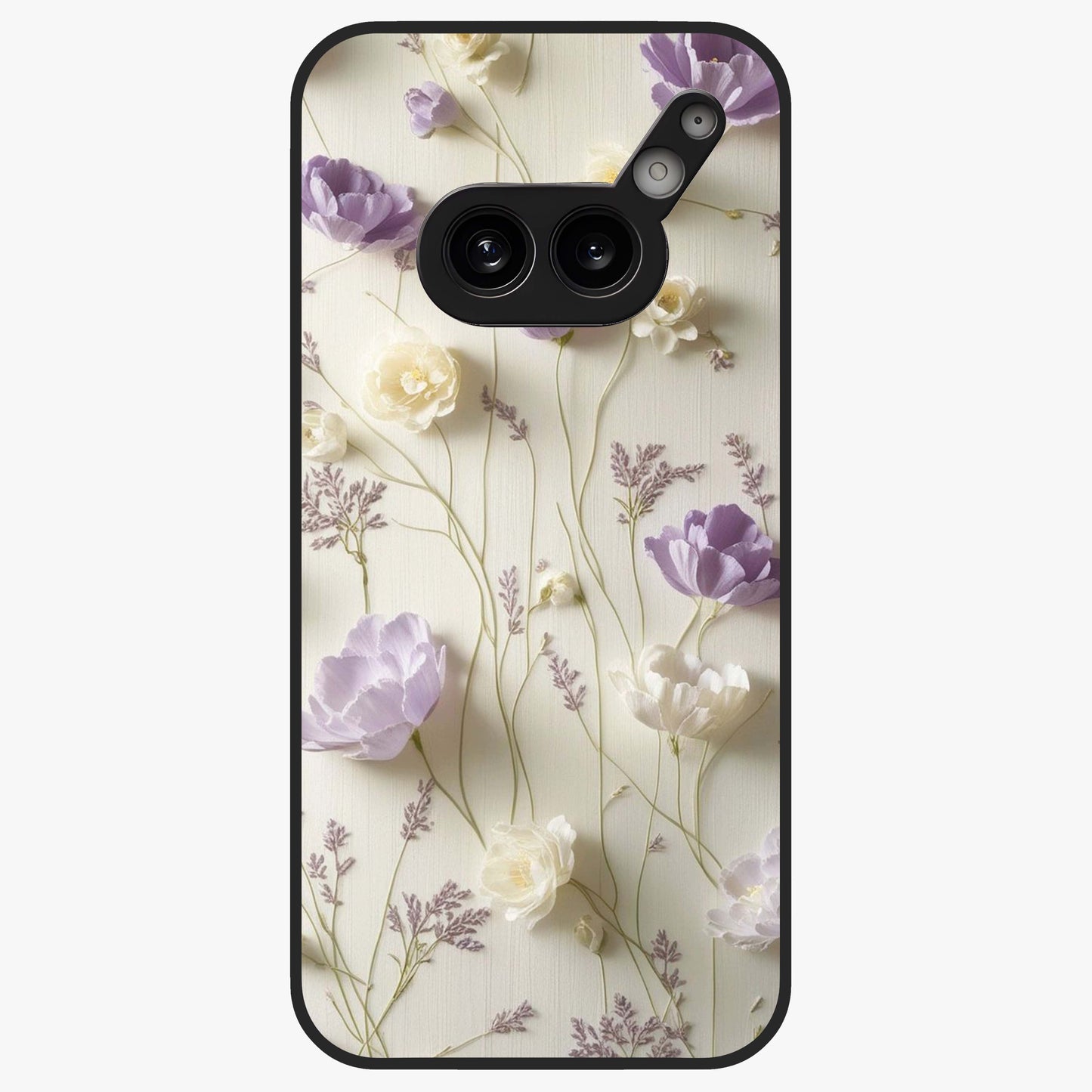 Lilac Breeze Harmony Glass Case showing flat back view with soft lilac themed artwork and glossy glass finish.