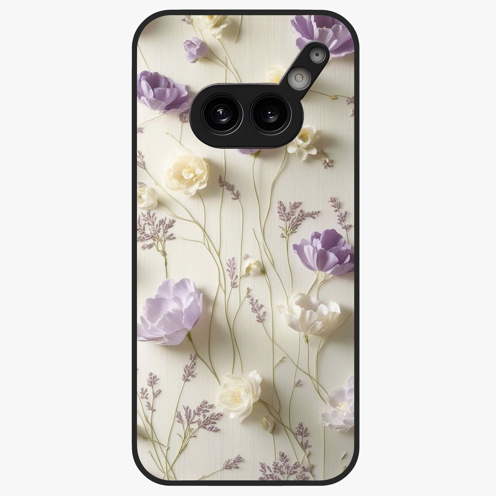 Lilac Breeze Harmony Glass Case showing flat back view with soft lilac themed artwork and glossy glass finish.