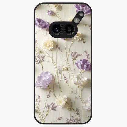 Lilac Breeze Harmony Glass Case showing flat back view with soft lilac themed artwork and glossy glass finish.