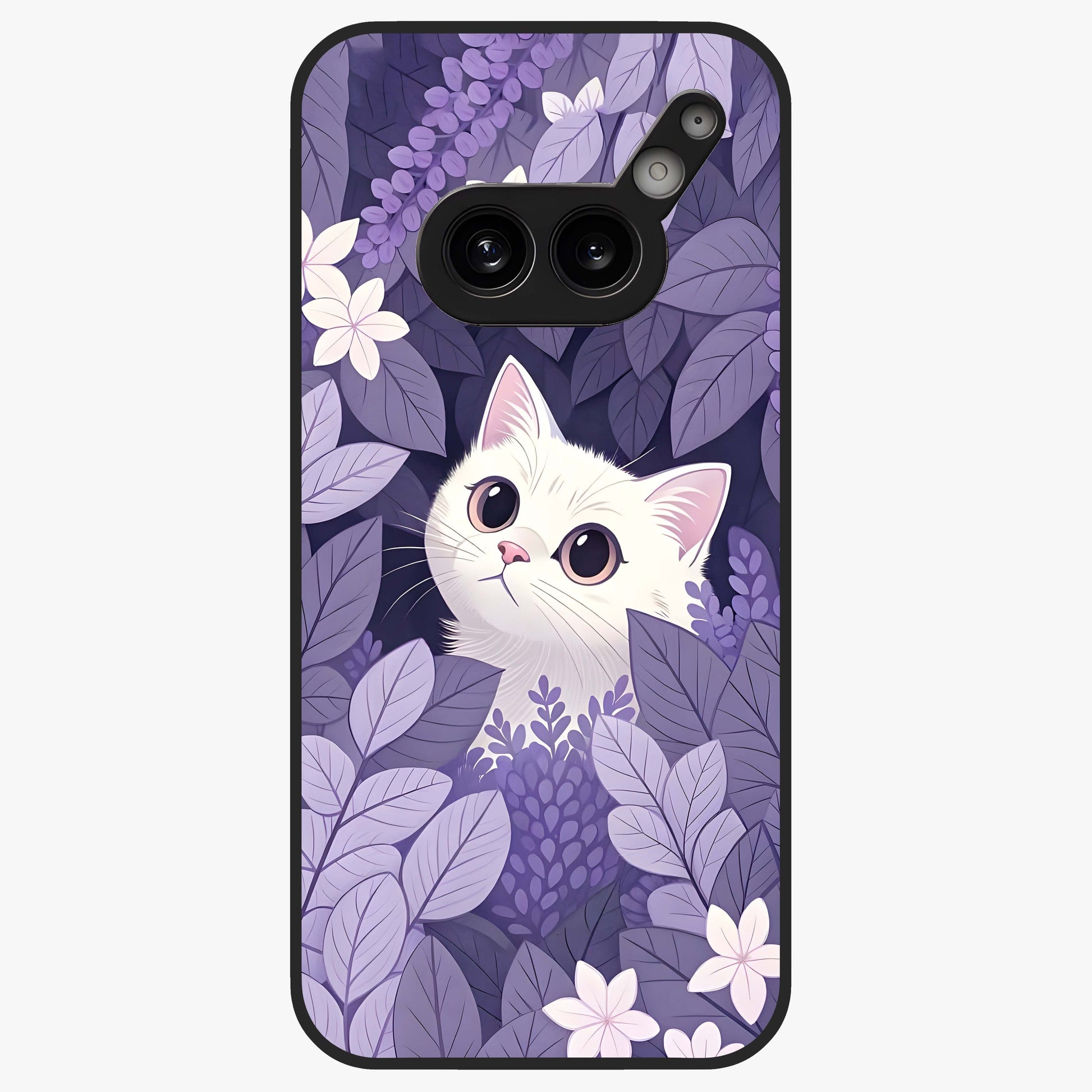 Lilac Hide Peek Cat Glass Case showing flat back view with cute peeking cat artwork and glossy glass finish.