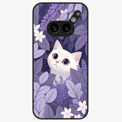 Lilac Hide Peek Cat Glass Case showing flat back view with cute peeking cat artwork and glossy glass finish.