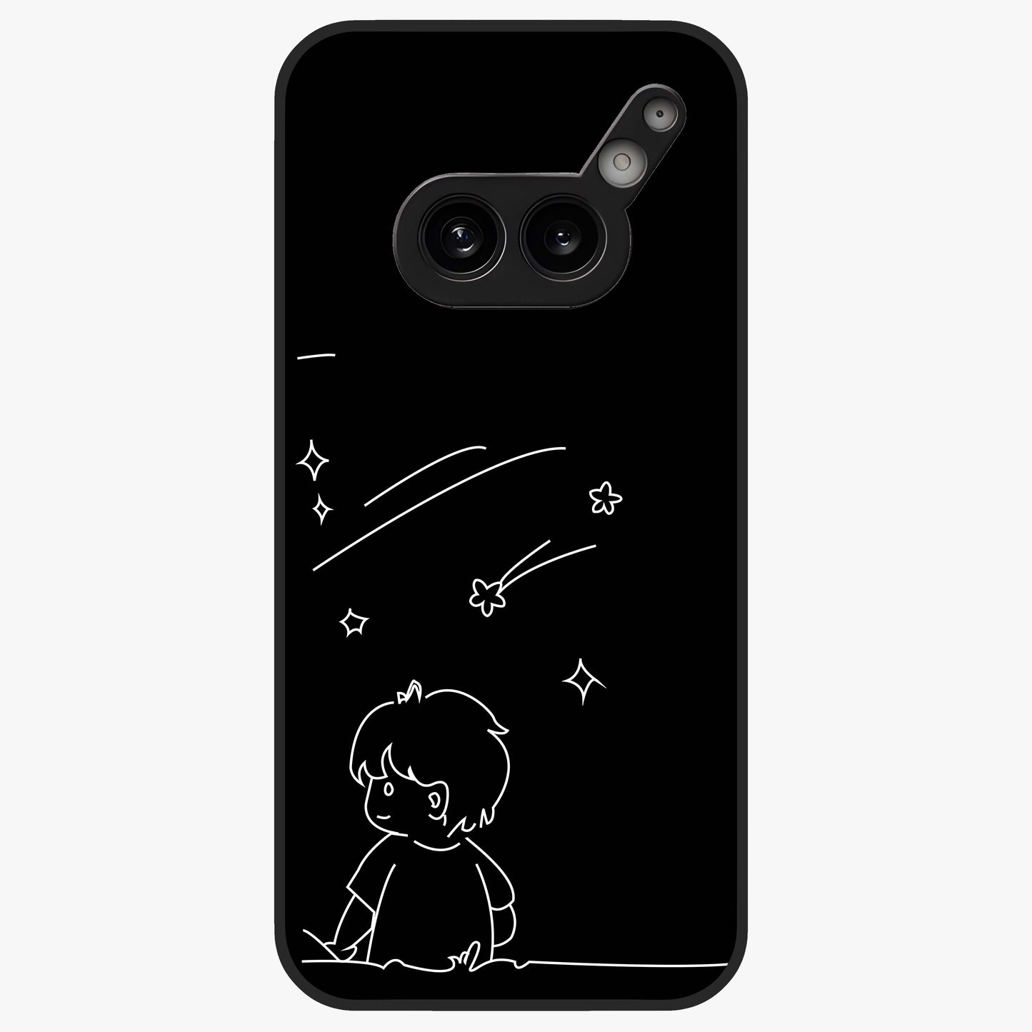 Line Art Boy With Shooting Stars Glass Case showing flat back view with minimal line art boy and shooting stars illustration and glossy glass finish.