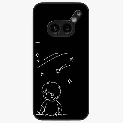Line Art Boy With Shooting Stars Glass Case showing flat back view with minimal line art boy and shooting stars illustration and glossy glass finish.