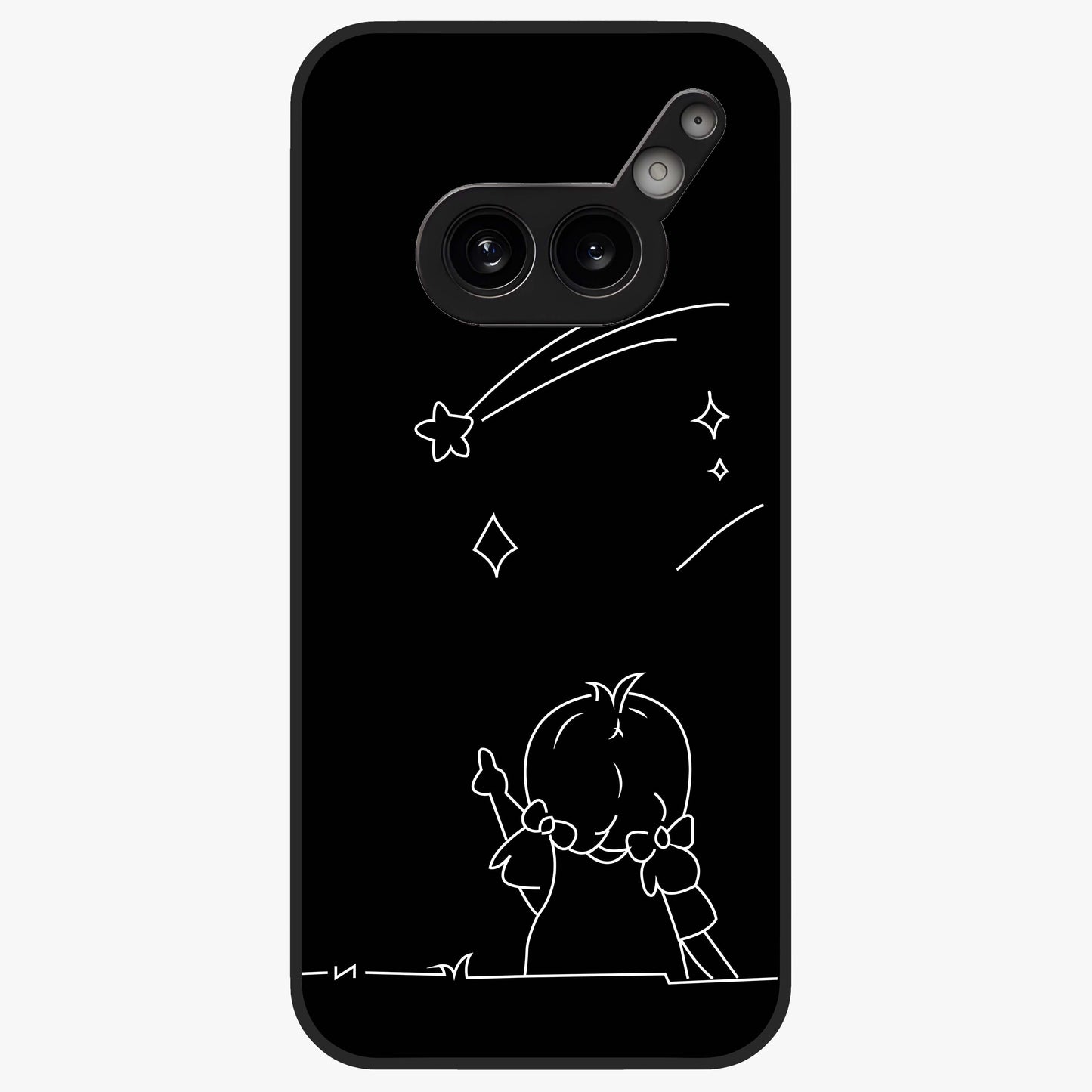 Line Art Girl With Shooting Stars Glass Case showing flat back view with minimal line art girl and shooting stars illustration and glossy glass finish.
