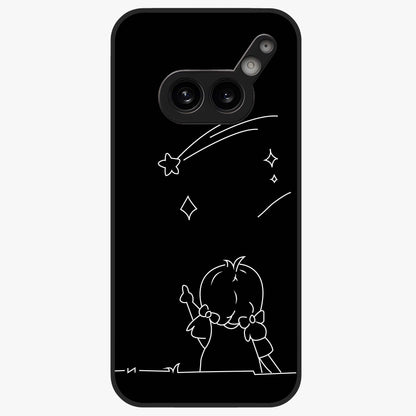 Line Art Girl With Shooting Stars Glass Case showing flat back view with minimal line art girl and shooting stars illustration and glossy glass finish.