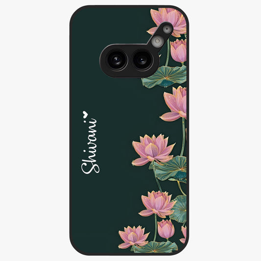Lotus Bloom Serenity Custom Name Glass Case showing flat back view with elegant lotus flower artwork and personalized name design.
