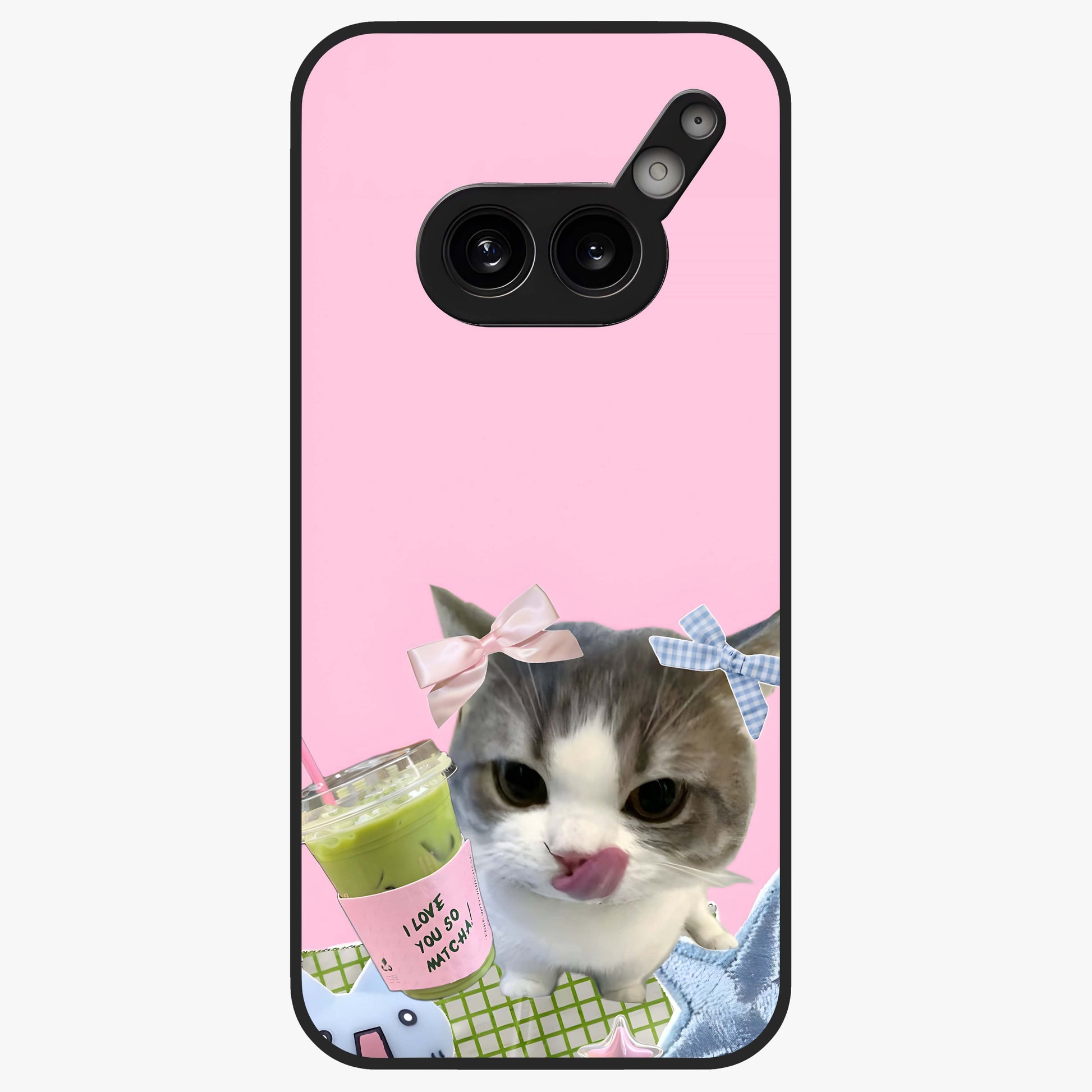Love Matcha Cat Glass Case showing flat back view with cute cat and matcha themed artwork and glossy glass finish.