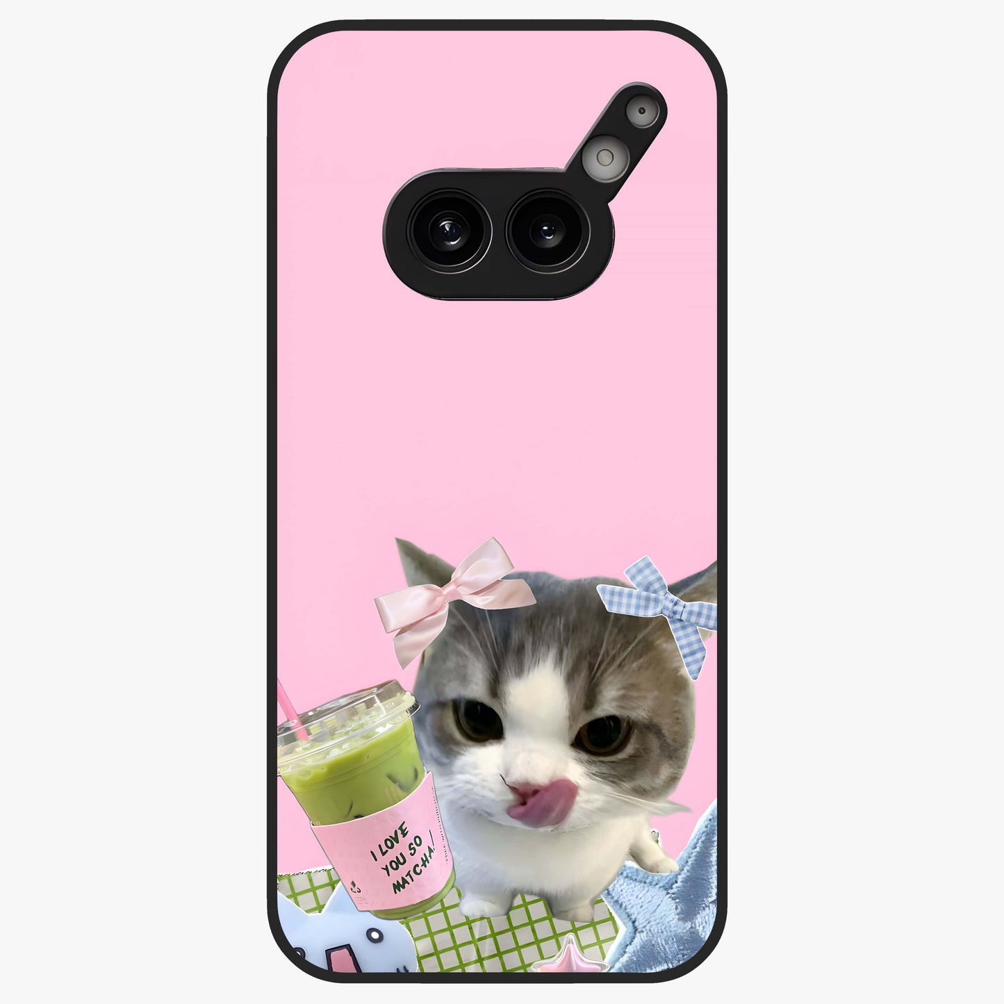 Love Matcha Cat Glass Case showing flat back view with cute cat and matcha themed artwork and glossy glass finish.